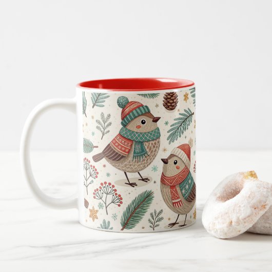 Pattern Scandinavian Christmas Birds ツートーンマグカップ (ドーナツ)