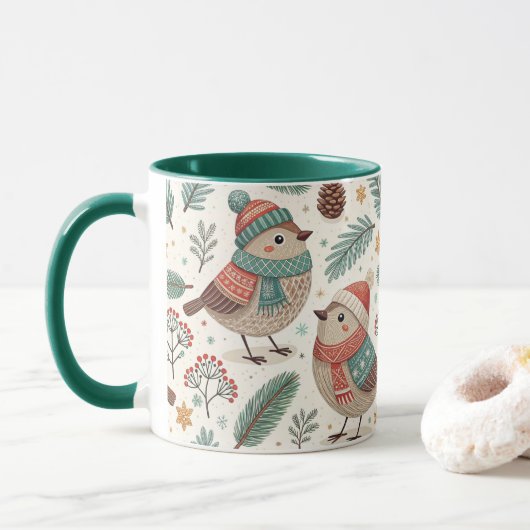 Pattern Scandinavian Christmas Birds マグカップ (ドーナツ)