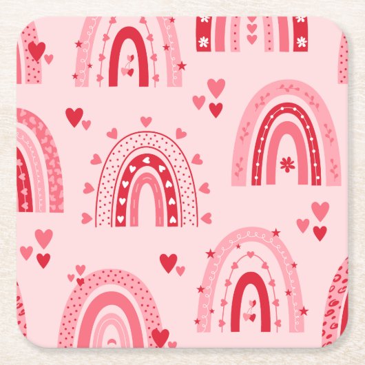 Pattern Valentine 2023背景とハート愛 スクエアペーパーコースター (正面)