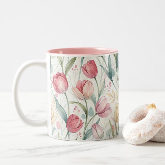 Pattern Watercolor Modern Tulips ツートーンマグカップ (ドーナツ)