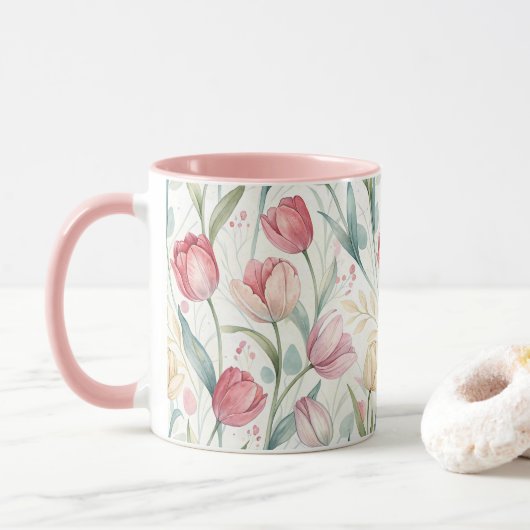 Pattern Watercolor Modern Tulips マグカップ (ドーナツ)
