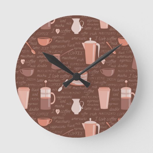 Pattern with coffee related elements ラウンド壁時計 (正面)