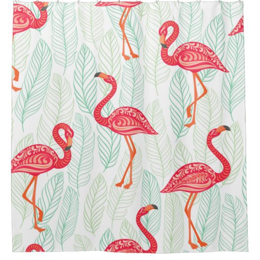 Pattern with pink flamingo ornaments on a backgrou シャワーカーテン (正面)