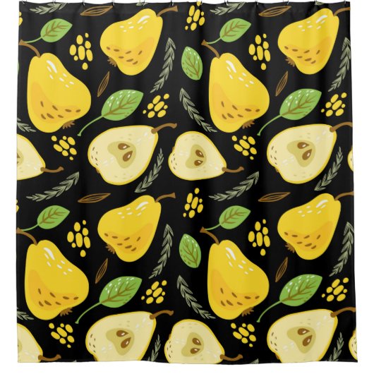 Pattern with sweet yellow pears with leaves, flowe シャワーカーテン (正面)