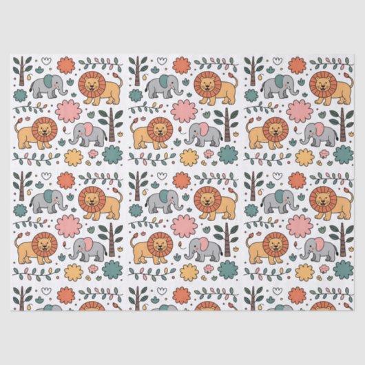 Patterned design with playful lions, elephants 薄葉紙 (正面)