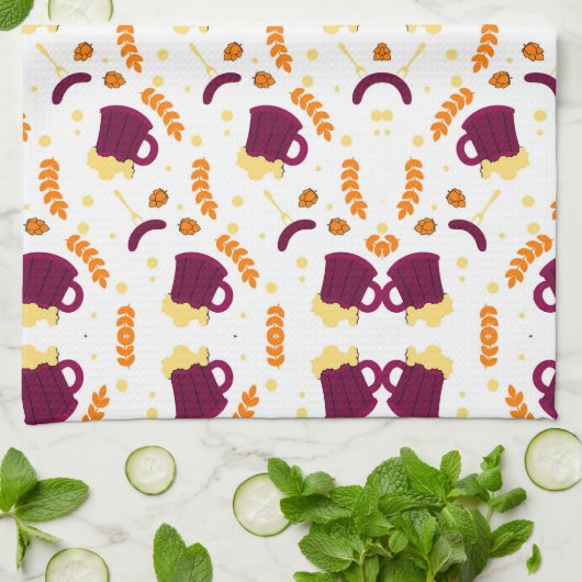 Patterned design with purple cats, yellow fish  キッチンタオル (折り畳み)