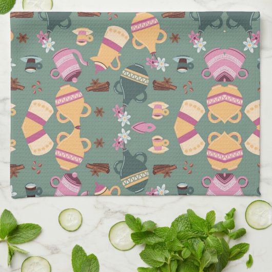 Patterned fabric featuring colorful teapots, cups, キッチンタオル (折り畳み)