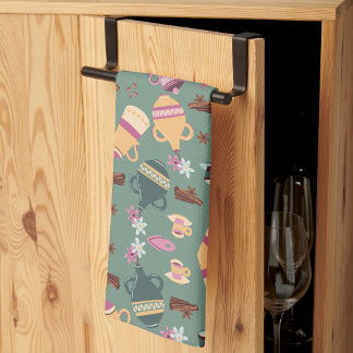 Patterned fabric featuring colorful teapots, cups, キッチンタオル