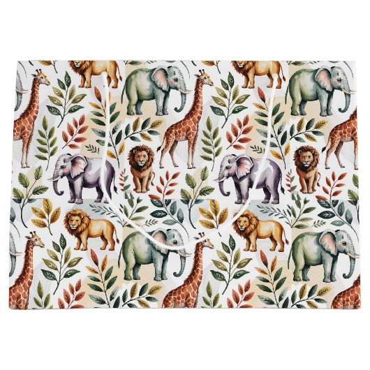 Patterned fabric featuring elephants, giraffes ラージペーパーバッグ (正面)