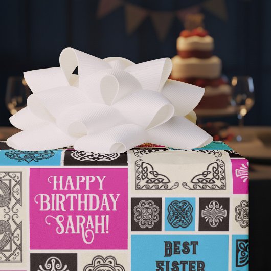 Patterned Tiles Birthday Add The Text Black White ラッピングペーパー