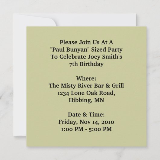 PAUL BUNYANの巨大な記録の森のパーティの招待状 招待状 (裏面)