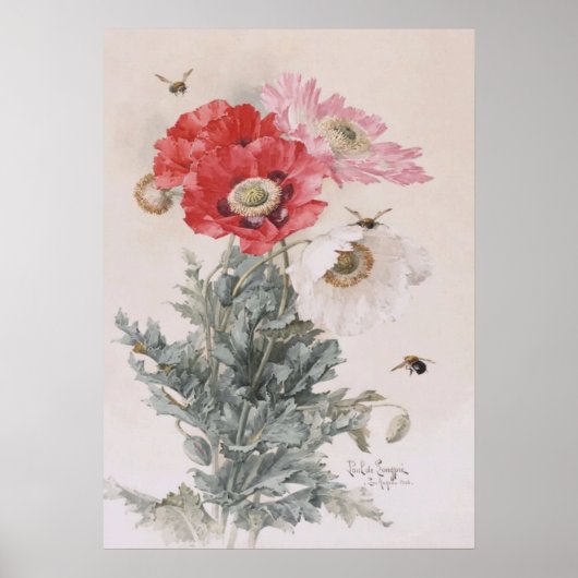 Paul-De-Longpre、Poppies、Beesによるアート ポスター (正面)