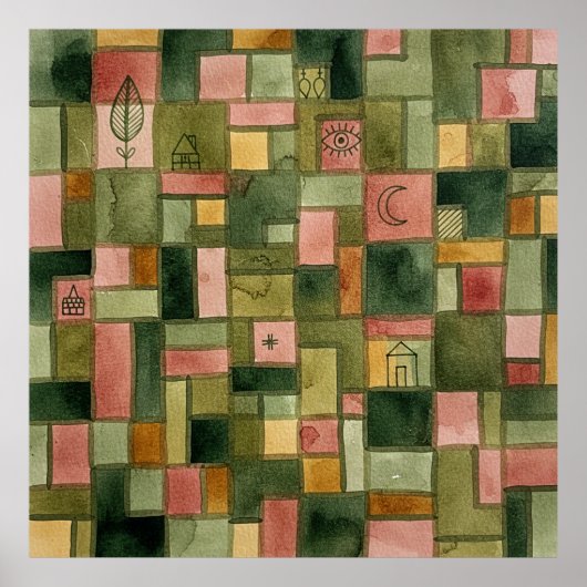 Paul Klee Style Mosaic Garden Folk Art Print ポスター (正面)