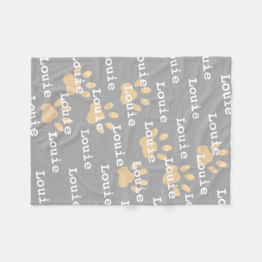 Pawはグレーの黄色いパーソナライズされた犬の名前を印刷 フリースブランケット (正面(横))