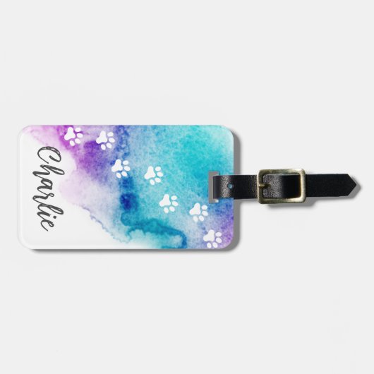 Pawは紫色のアクアブルーの水色を印刷絵を描する ラゲッジタグ (正面横)
