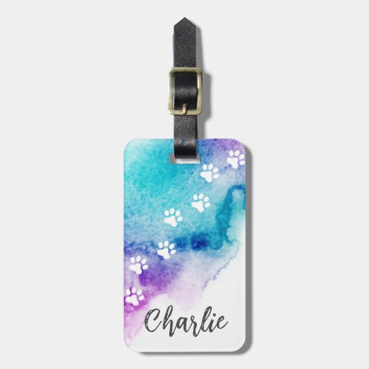 Pawは紫色のアクアブルーの水色を印刷絵を描する ラゲッジタグ (正面縦)