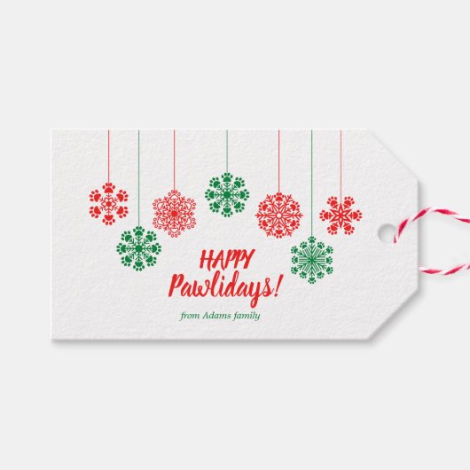 Pawは赤と緑の雪の結晶を印刷 ギフトタグ (正面(横))