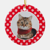 Pawプリントのカスタムペットフォトキャット名 セラミックオーナメント (正面)