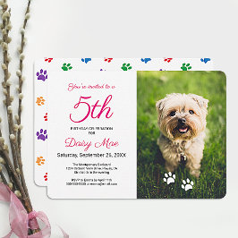 Pawプリントカラフルピンクのペット誕生日写真 招待状