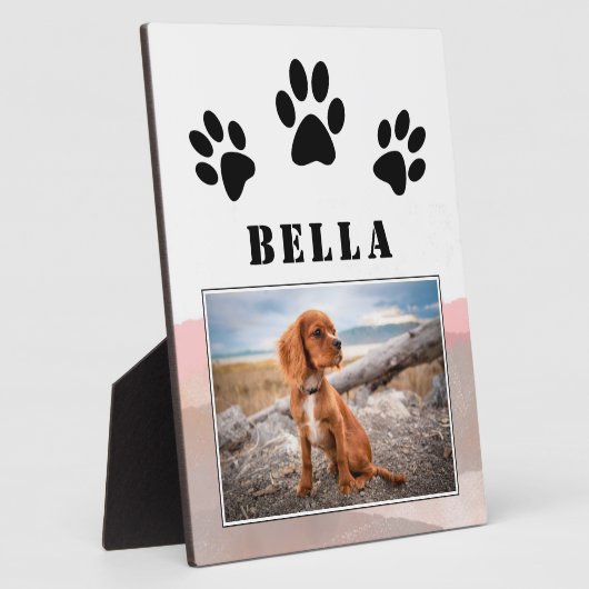 Pawプリントピンクの水色の犬のペットの写真 フォトプラーク (側面)