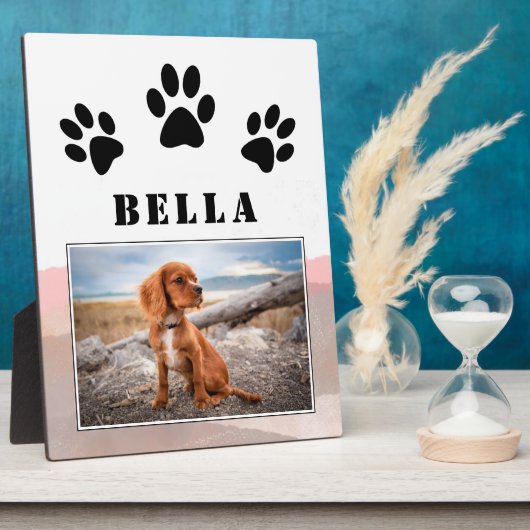 Pawプリントピンクの水色の犬のペットの写真 フォトプラーク (側面)