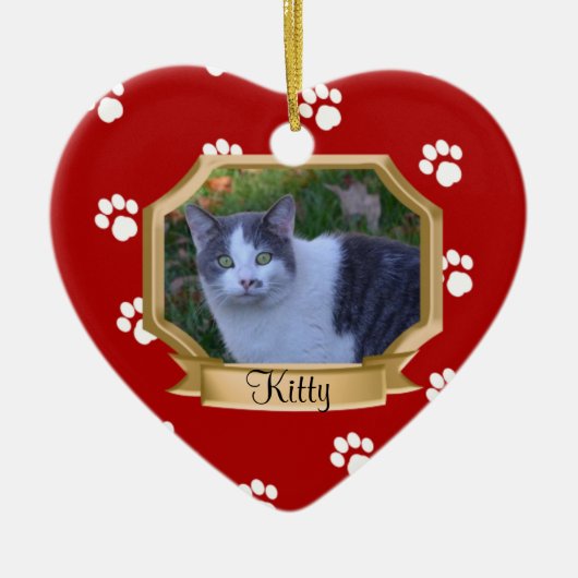 Pawプリントペットフォトフレーム赤 セラミックオーナメント (正面)