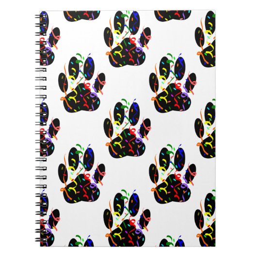 Pawプリント紙吹雪およびパーティーストリーマーパターン ノートブック (正面)