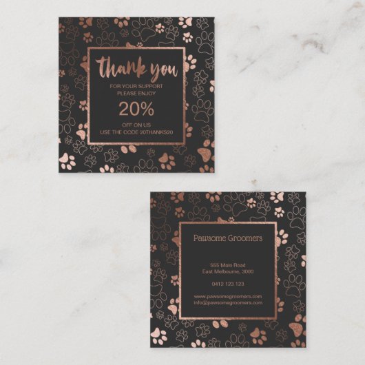 Paw印刷バラ金ゴールドありがとう割引カード スクエア名刺 (正面/裏面)