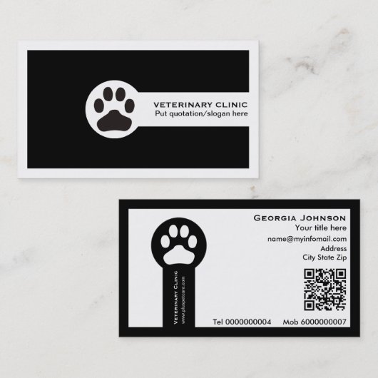 Paw and QR code black Vet/Veterinary Clinic  名刺 (正面/裏面)