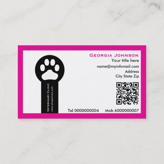 Paw and QR code hot pink Vet/Veterinary Clinic 名刺 (裏面)