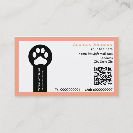 Paw and QR code peach Vet/Veterinary Clinic 名刺 (裏面)
