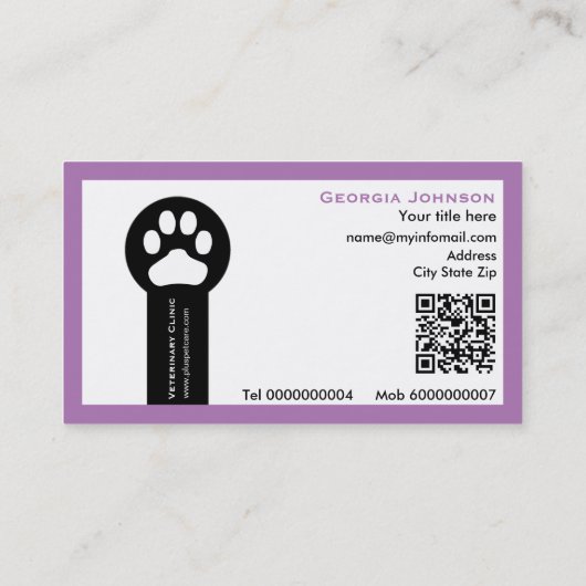 Paw and QR code purple Vet/Veterinary Clinic  名刺 (裏面)