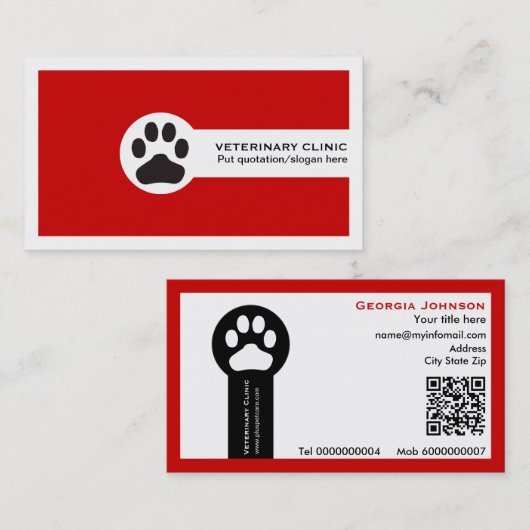 Paw and QR code red Vet/Veterinary Clinic  名刺 (正面/裏面)