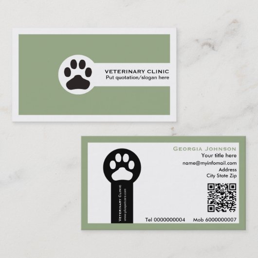 Paw and QR code sage green Vet/Veterinary Clinic  名刺 (正面/裏面)