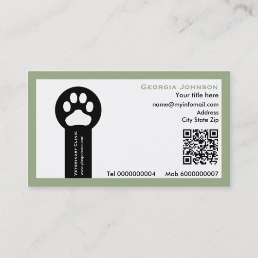 Paw and QR code sage green Vet/Veterinary Clinic  名刺 (裏面)