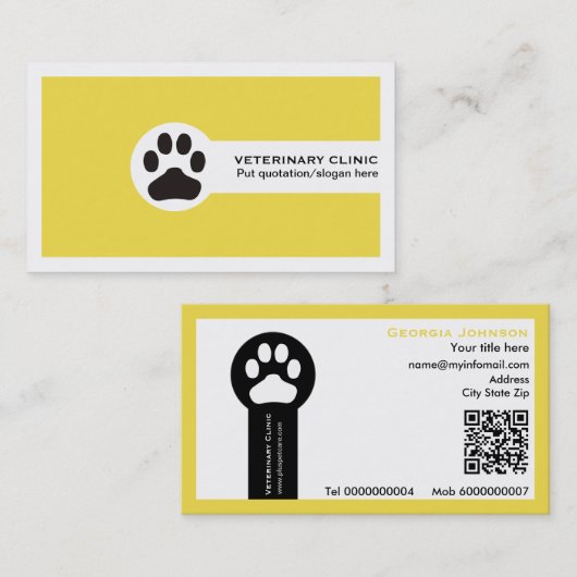 Paw and QR code yellow Vet/Veterinary Clinic 名刺 (正面/裏面)