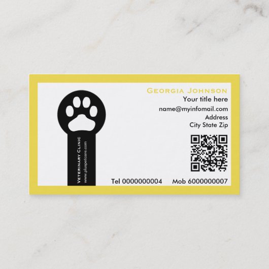 Paw and QR code yellow Vet/Veterinary Clinic  名刺 (裏面)