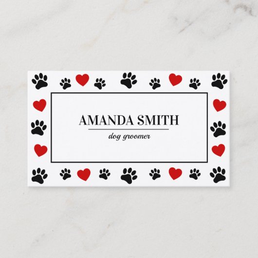 Paw & Heart Prints Dog Groomer Business Card 名刺 (正面)