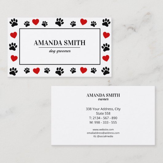 Paw & Heart Prints Dog Groomer Business Card 名刺 (正面/裏面)
