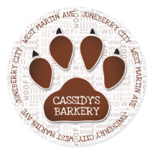 Paw Print in Brown with Business Name and Woof Art