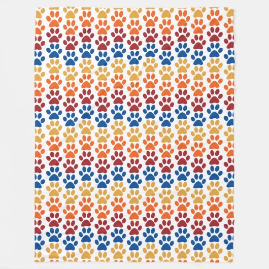 Paw Print Pattern in Red, Blue, Yellow, Orange フリースブランケット (正面)