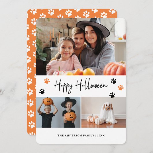 Paw Print Pet Photo Collage Orange Halloween Card シーズンカード (正面/裏面)