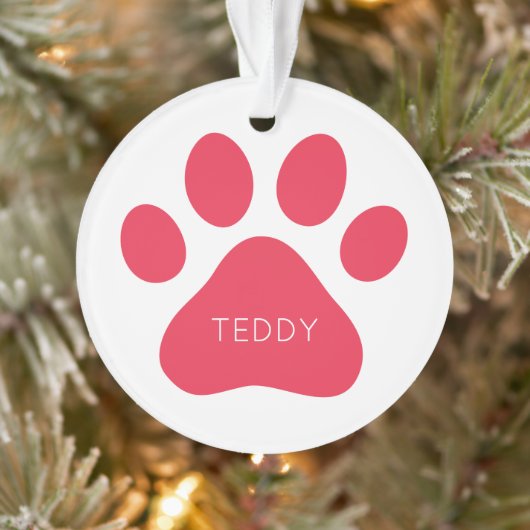 Paw Print Red Pet Name PHOTO Red White Woof Meow オーナメント (ツリー)