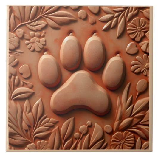 Paw Print Tile With Floral Design タイル (正面)