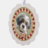 Paw Prints and Gold Frame Custom Pet Photo オーナメントカード (左)