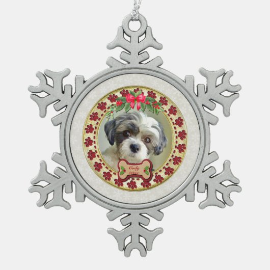 Paw Prints and Gold Frame Custom Pet Photo スノーフレークピューターオーナメント (正面)