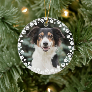 Paw Prints and Hearts Frame Custom Pet Photo セラミックオーナメント