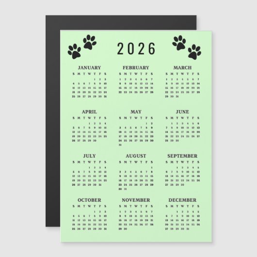 Paw Prints Design 2026 Calendar Magnetic Card (正面/裏面)