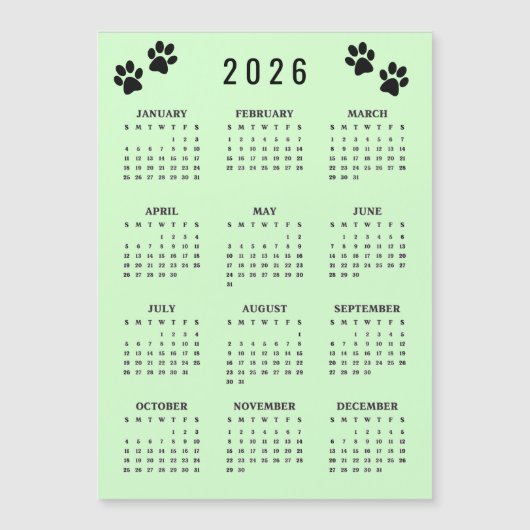 Paw Prints Design 2026 Calendar Magnetic Card (正面)