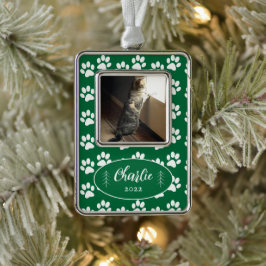 Paw Prints Pattern Cat Photo Green Framedオーナメント シルバープレートフレームオーナメント